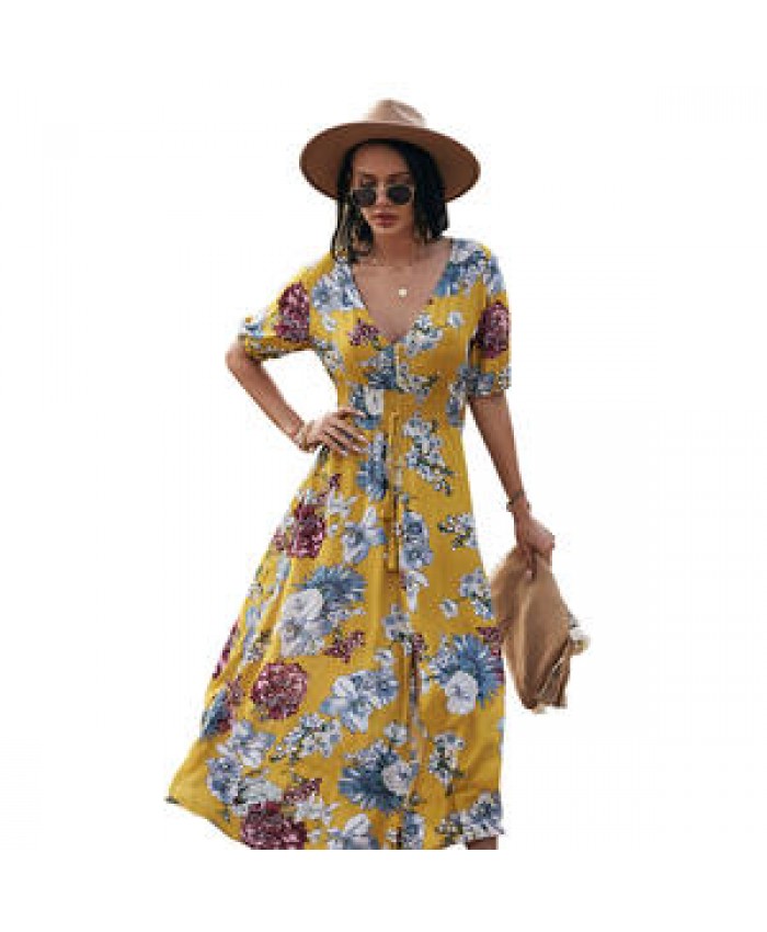 2021 Summer Chiffon Longuette Relaxed Waist Bohemian Beach Boho Maxi Dress