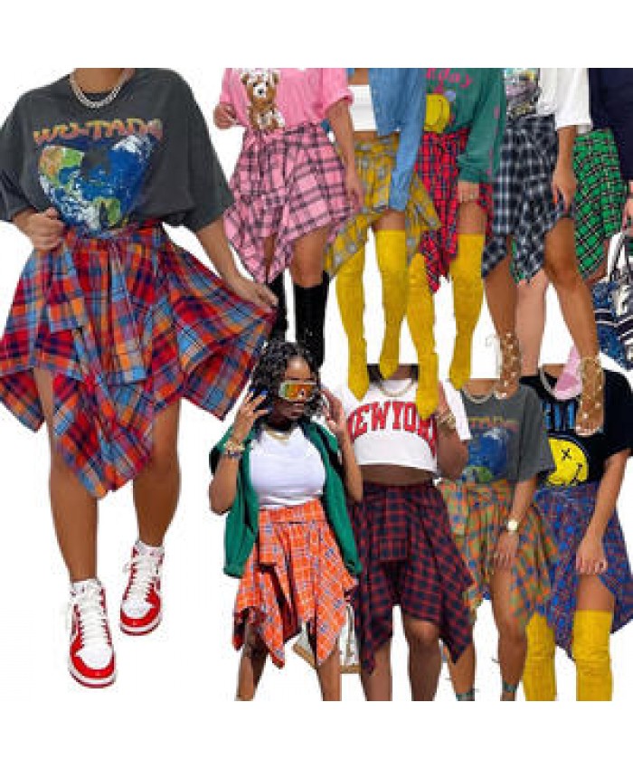 Amazon irregular fashion casual plus size womens all match plaid print short skirts