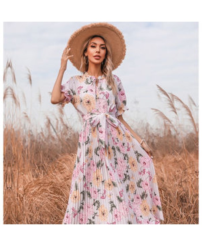 2022 Summer Round-neck Women's Dress Fashion Short Sleeve Girl Longuette Casual Patterns Lady Clothing