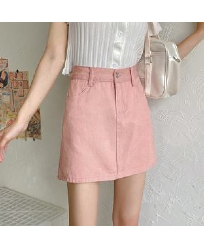 Korean three color chic denim elastic waist jeans A-line skirt