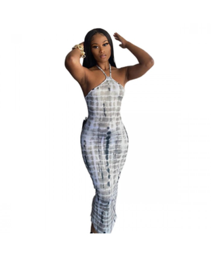 2022 Arrival Spring Printed Halter Lace Up Backless Hot Selling Dress Sexy Off Shoulder High-quality Women's Wear Longuette