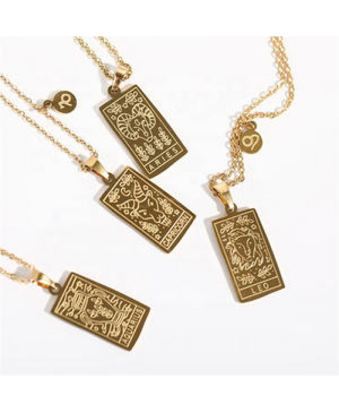 Women Accessories Jewelry 18k Gold Plated 316l Stainless Steel Pendant Astrology Horoscope Tarot Card 12 Zodiac Sign Necklace