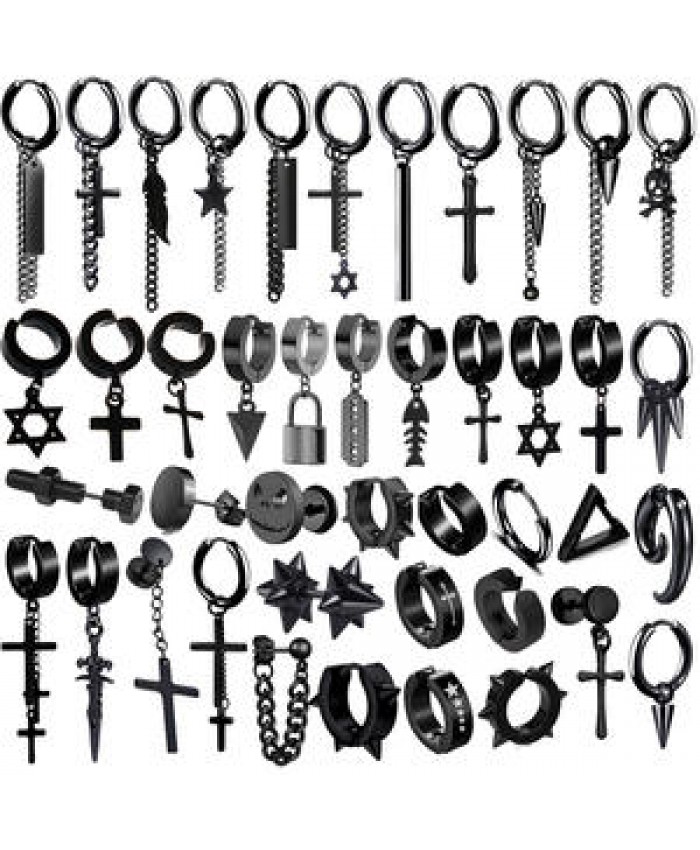 1 Pair Stainless Steel Ear Stud Chain Ear Clip Dangle Piercing Jewelry Punk Halloween Gothic Cross Black Earrings For Men Women