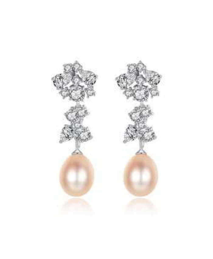 PAG&MAG Gold Drop Hight Quality Freshwater Pearl Women Jewelry Cubic Zirconia Flower Long Pearl Earrings