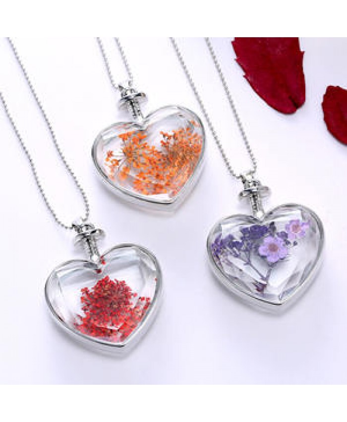 SN-L1009 Amazon Best Selling Heart Shape Glass Pressed Necklace Pendant Gift Dried Flower Jewelry