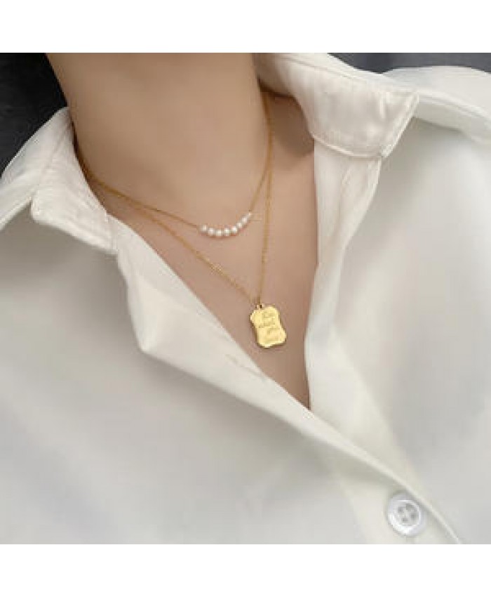 2022 fashion Double Layer Gold Plated Tarnish Free Titanium Steel Natural Pearl Delicate Necklace women Jewelry