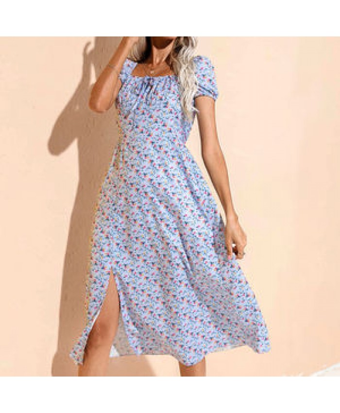 Purple Square Collar Longuette New Split Skirt Women's Fashion Printed Backless Dress Women