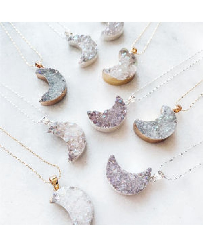 2020 custom fashion natural druzy stone 18k gold 925 sterling silver moon star crystal pendant necklace for women jewelry