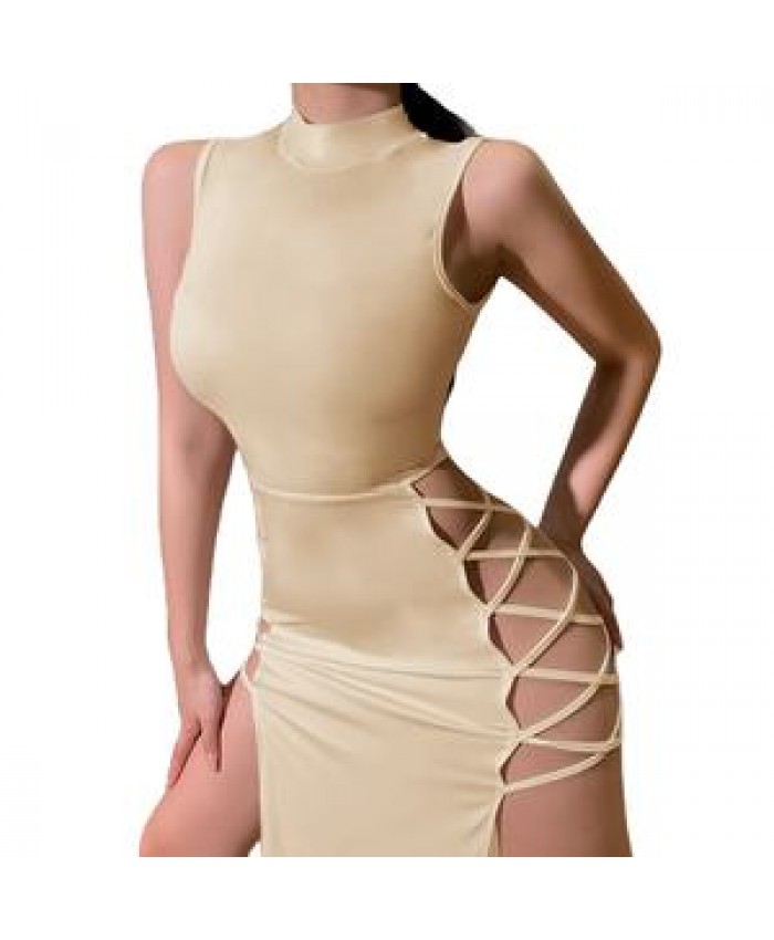 Sexy Sleeveless Hollow Out Bandage Slit Classy Clothing Longuette Solid Color Skinny Casual Dress