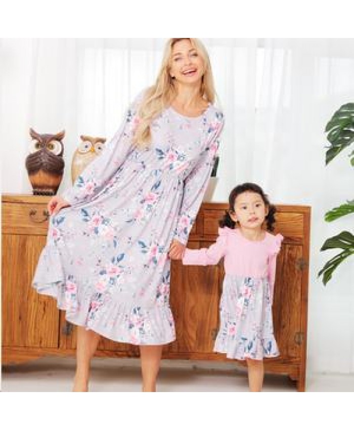 2021 new mommy and me dress Printed Dress mother daughter home pink longuette mommy and me long dress
