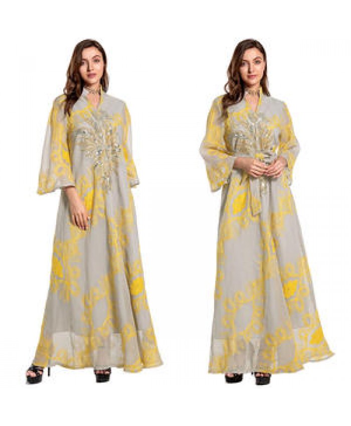 GANE S-XXL Plus Size Fast Delivery Belt Muslim National Style Women Bobtail Beaded Flower Evening Dress Longuette Eid Dress