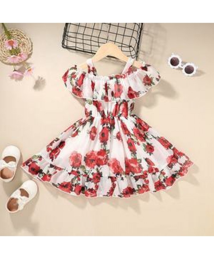 Elegant Soft Casual Rose Print Longuette Twirl Plete Dresses for Girls