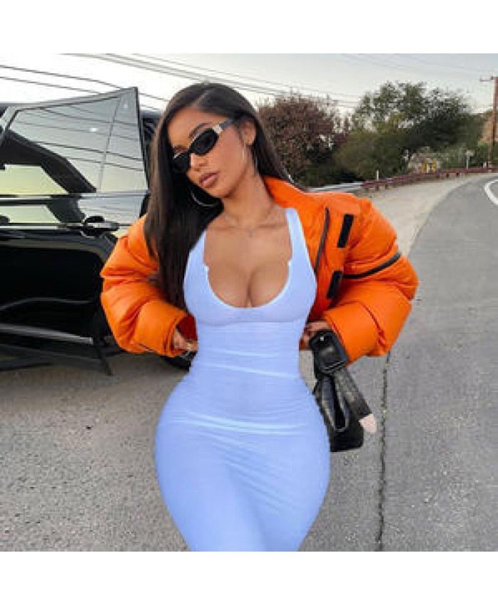 Sexy U-neck sleeveless slim solid colors long dress maxi casual dress