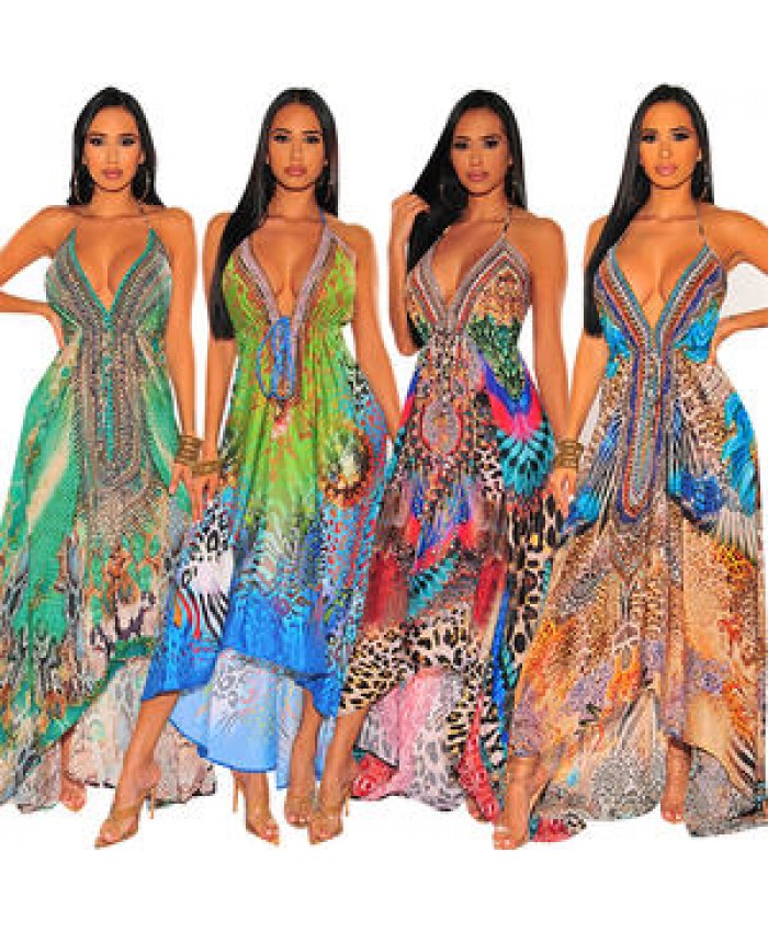 Summer foreign trade women's Vintage V-neck sexy backless skirt printed suspender dress