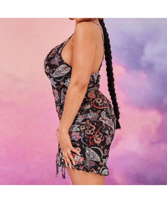 Plus Size Women Lady Floral&Paisley Print Lettuce Trim Drawstring Hem Open Back Dress