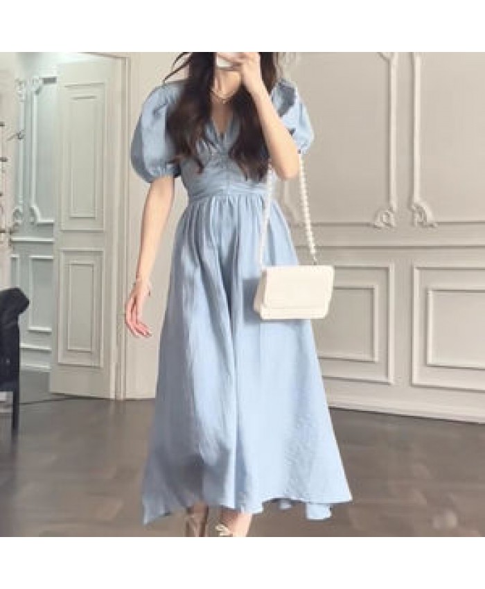 Wholesale 2022 Summer New French Hepburn Style Niche Design Long Dress High-end First Love Tea Break Bubble Sleeve Dress