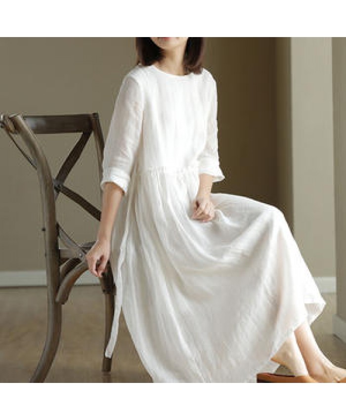 Boutique Wholesale 2022 New Summer Ramie Dress White Cotton Linen High Waist Thin Literary Loose Round Neck Casual Dresses