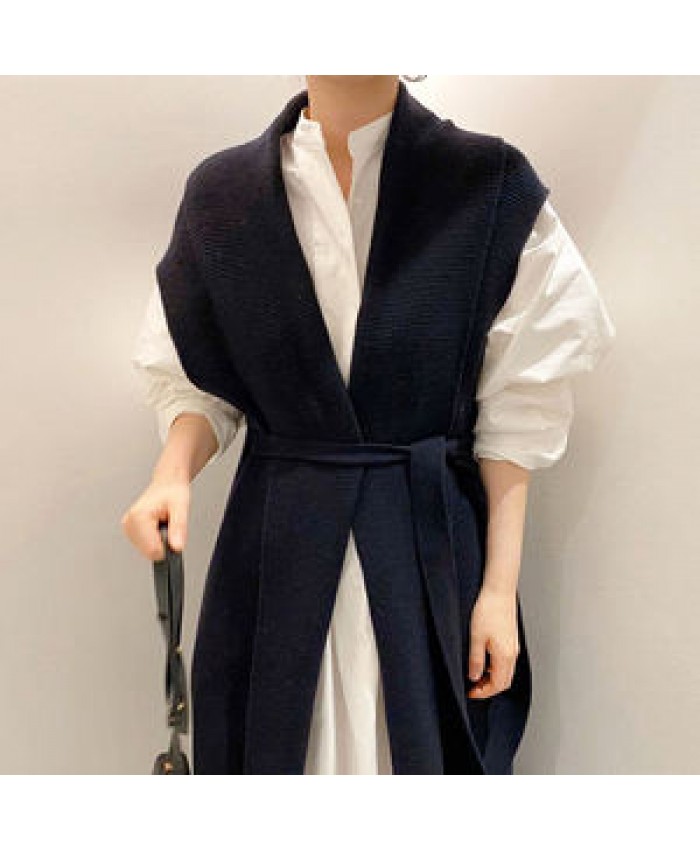 Wholesale 2022 Autumn Korean Chic Simple Loose Puff Sleeve Shirt Dress V-neck Straps Waist Long Knitted Vest Women's Set