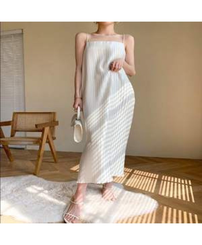Boutique Wholesale 2022 Summer Sweet and Salty Dress High Texture Satin Pleated Inner Comfortable Casual Dresses