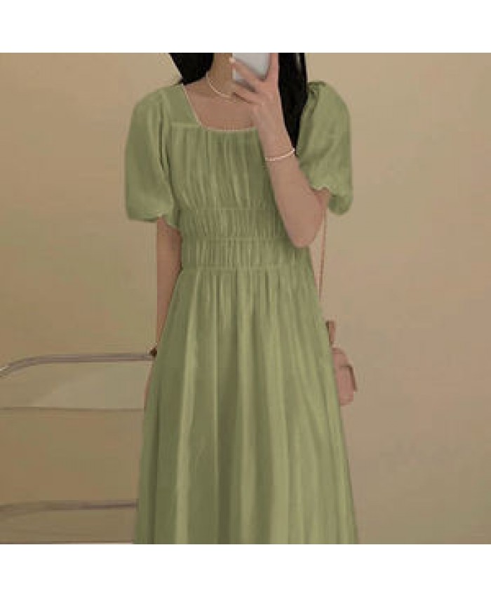 Wholesale 2022 Korean Chic Summer French Sweet Square Collar Exposed Collarbone Folds Waist Slim Puff Sleeve Casual Dress