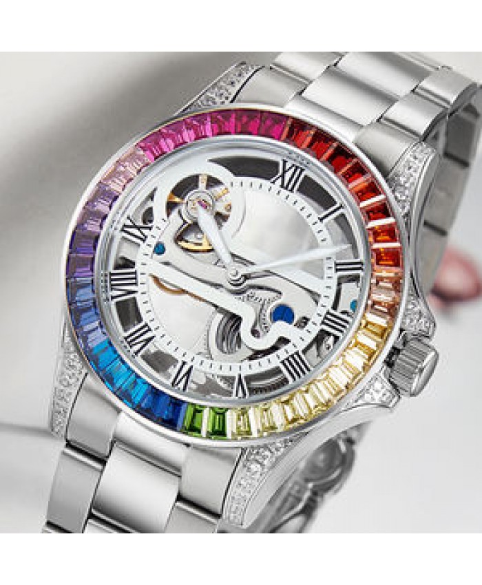 Watches Davena 61609 Luxury Watches Men Automatic Stainless Steel CZ Diamond Multicolor Luxury Watches Men Automatic