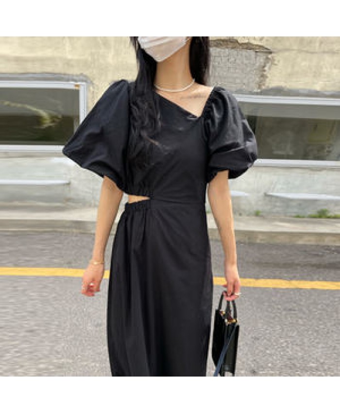 Wholesale 2022 Korean Chic Summer Retro Temperament Slanted Neck Side Hollowed Out Waist Design Lantern Sleeve Long Casual Dress