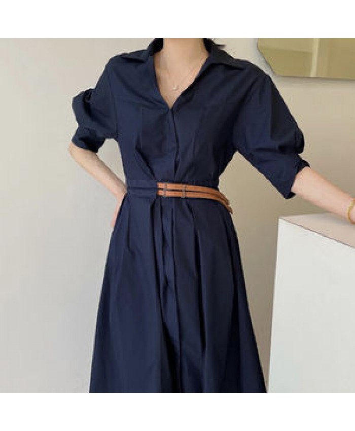 Wholesale 2022 Korean Chic Summer Retro Elegant Lapel Double Belt Waist Slim Solid Color Puff Sleeve Dress Long Dress