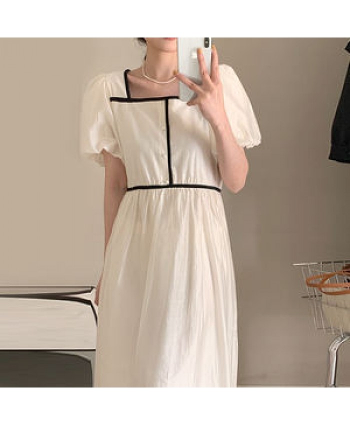 Wholesale 2022 Korean Chic Summer French Temperament Square Neck Contrast Color Trim Waist Waist Slim Puff Sleeve Long Dress