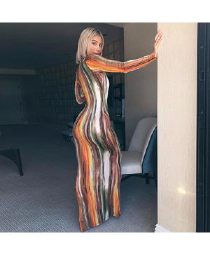 Full Sleeve Printed striped tie-dyed Color Long Dress Deep V Neck elegant Party Dress