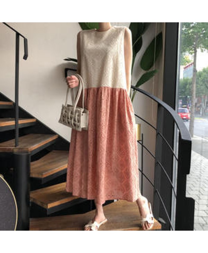 Hot Sale 2022 Korean Chic Summer Retro Round Neck Lace Hook Flower Contrast Color Stitching Design Loose Long Vest Dress