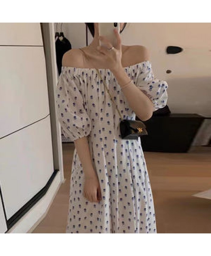 Wholesale 2022 Korean Chic Summer New One-word Collar Full Screen Small Broken Flowers Waist and Slim Puff Sleeve Dress