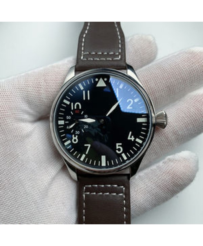 Pilot Watch 44mm no logo Mechanical Hand Wind Men's Watch Black Dial Sapphire 17 Jewels Seagull St3600-2 Movement F069