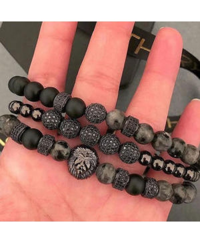 High Quality Hot Selling CZ Mirco Pave Ball Lion Charm Natural Stone Beads Elastic Bracelet Set Men Jewelry