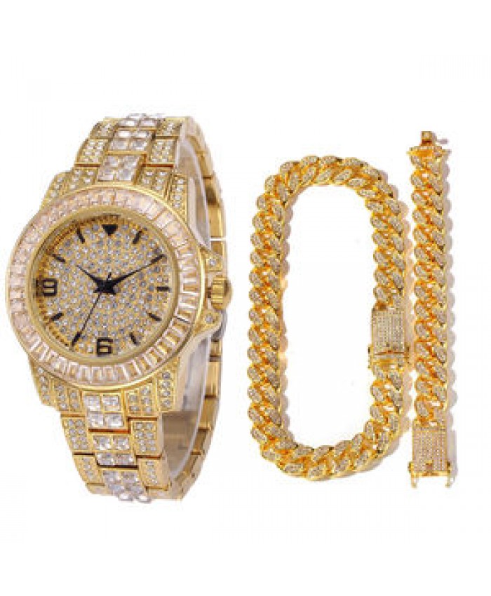 Hot Selling Miami Cuban Chain Watch Set Rhinestone Bracelet Iced Out Watch Hip Hop Gold Necklace Men Jewelry