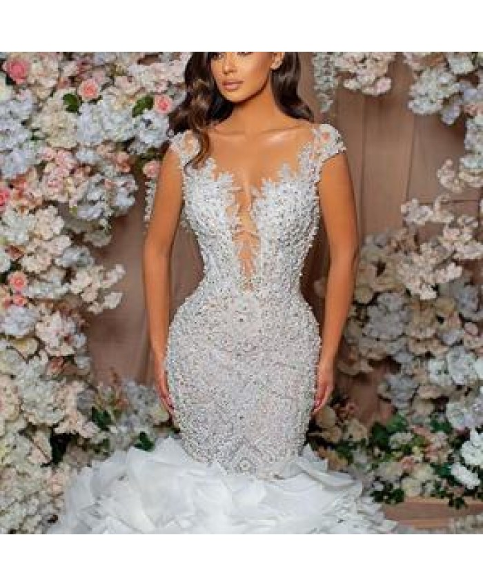 Wedding Dress Jancember RSM67291cheep Ivory High Quality Deep V Neck Lace Beaded Mermaid Wedding Dress
