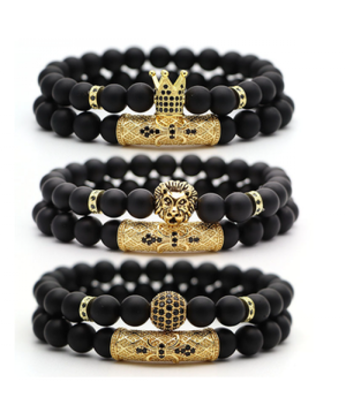 Classic Black Beads 2pc/Set Natural Glass Stone Bracelet Men Pave CZ 8mm Disco Ball Charms Bracelets Women Gold Jewelry