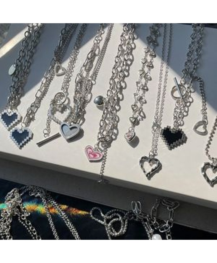 New Irregular Colorful Hollow out Love Pendant Double layer Chain Pearl Metal Necklace for Women Men Punk Trendy Y2K Jewelry