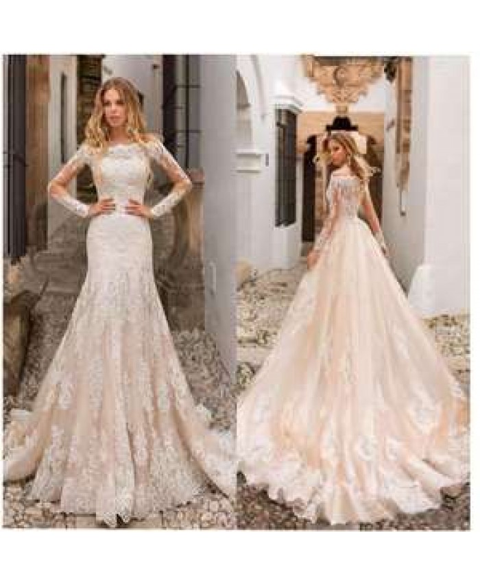 Magicmk Ball Gown Long Sleeve Shoulder Lace Dress White Wedding Dresses Bridal Gowns Wedding Dress