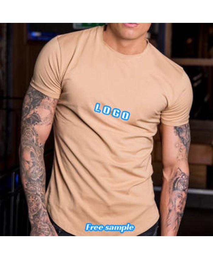 OEM Wholesale 95% Cotton 5% Elastane Men's Slim Fit Tee shirt Longer drop Curved Hem Round Neck Muscle Fitness Mens Gym T-shirts