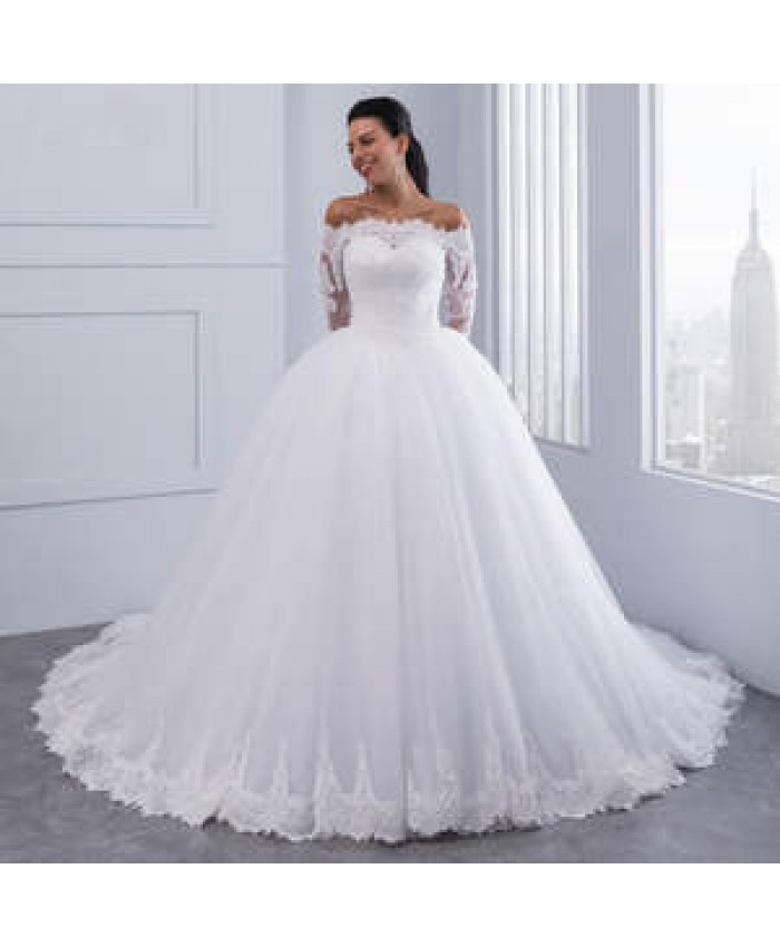 Wedding Clothing White Wedding Dress Ball Gown Elegant Embroidered Flower Big Lace Train Long Sleeve Wedding Dress Bridal Gown