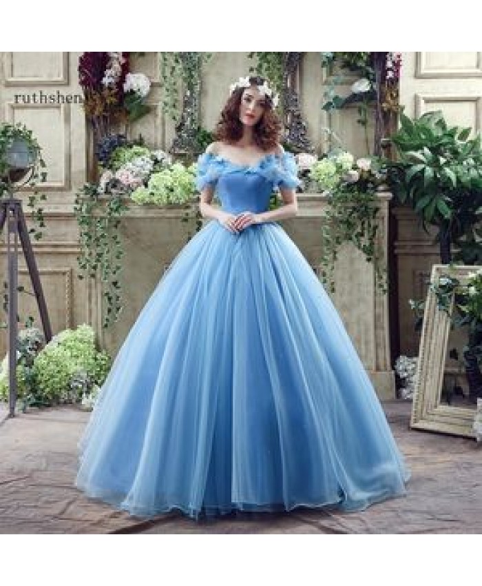 Princess Ball Gown Off- Shoulder Cinderella Blue Wedding Dress Bridal With Corset Back