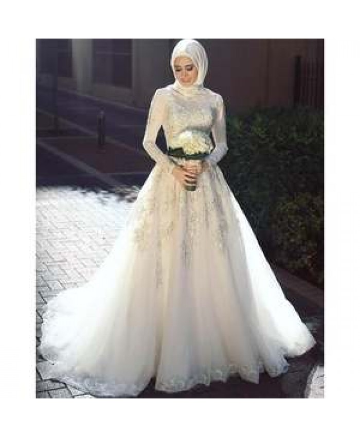 Arabic Muslim Wedding Dress Long Sleeve A-Line Bridal Gown Cheap Pakistani Wedding Dresses 2019 New vestido de noiva