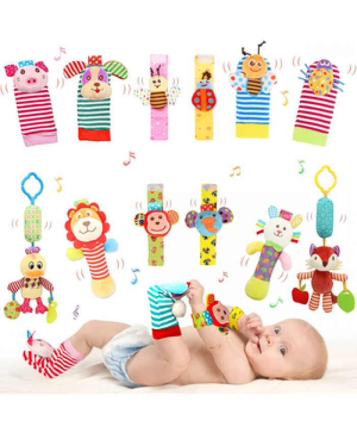 4Pcs Juguete Sonajer Baby Cartoon Cute Soft Wrist Strap Cotton Socks Toys Rattles Gift Wrist Rattles and Foot Finder For Toddler
