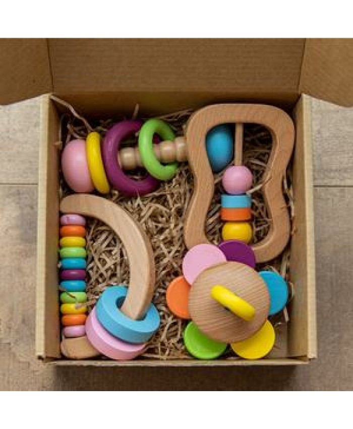 Wooden Toys Colorful Baby Rattle Set Safe Food Grade Wood Rattle Soother Bracelet Teether Set Montessori Toddler Toy Bell Gift