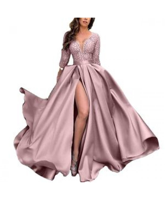 2021 Party Formal Lace Satin Royal Blue Long Sleeve Evening Wedding Dresses