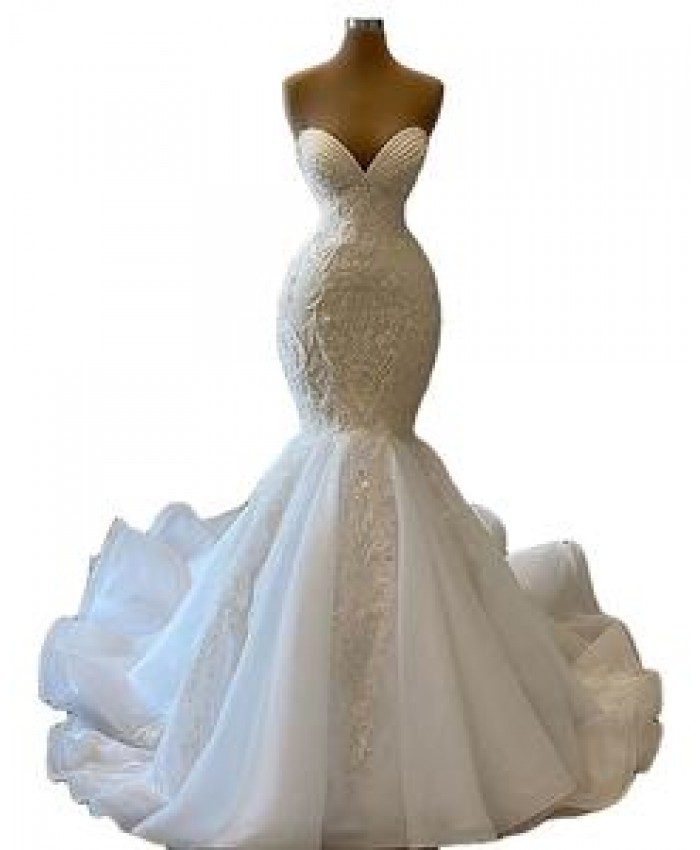 Sexy Sweetheart Mermaid African Wedding Dresses 2022 Luxury Beaded Embroidery Women White Organza Bridal Wedding Gowns
