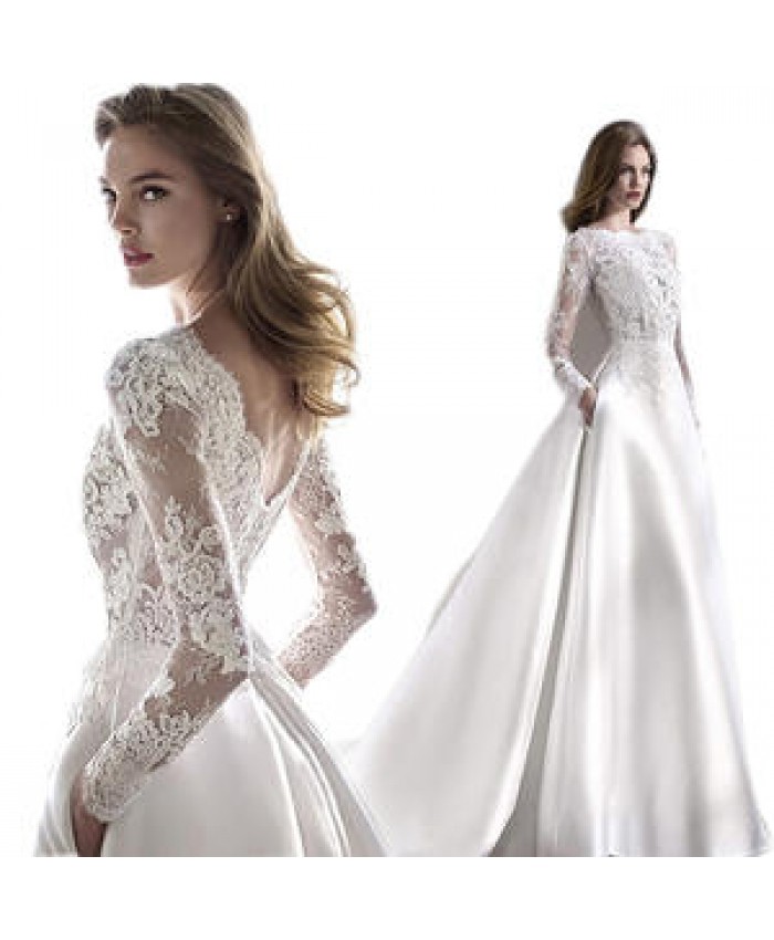 Ready to ship Wedding Spring Summer Autumn Winter Satin Lace Slimming Fashion Bride Long Sleeve Halter Tail Wedding Dress