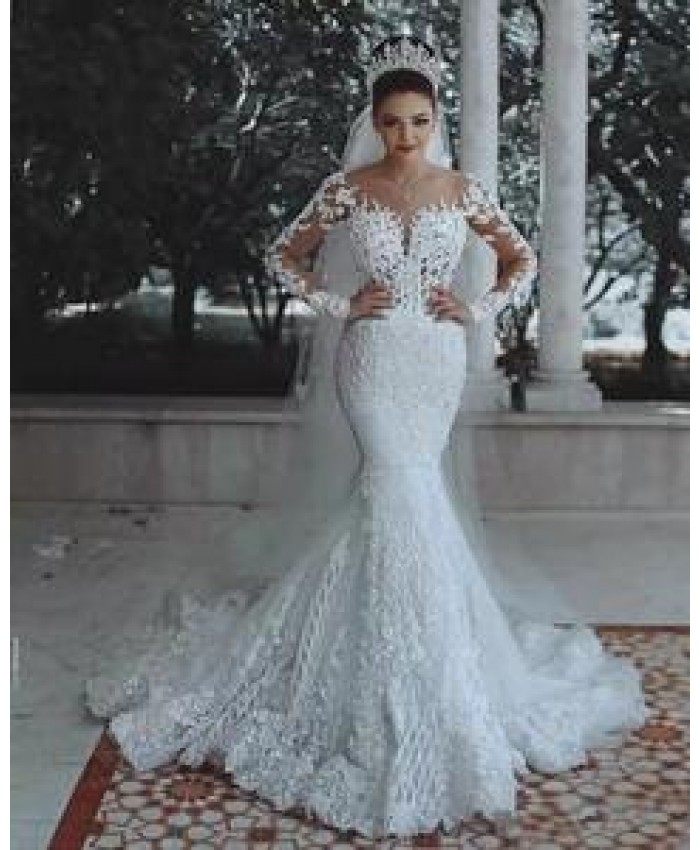 Turkey Luxury Wedding Dresses Long Sleeve Mermaid 2021 Illusion Lace Applique Beaded Sweetheart Sexy Princess Bride Gowns Mexico