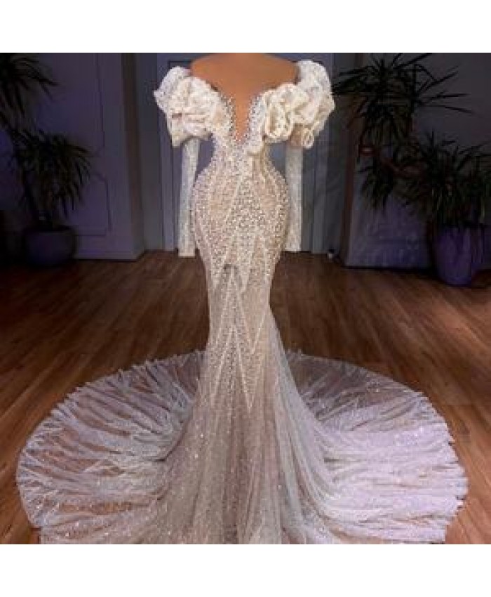 Jancember Rsm67280 Custom Luxury Mermaid Wedding Wedding Long Sleeve Bead Sequenant High -Quality Women Women