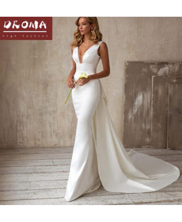 Droma ready to ship high quality fashion v-neck sleeveless sexy white 2021 girl wedding dress wholesale